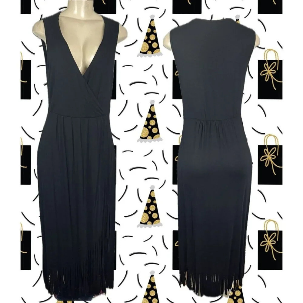 Kate & Mallory M Black Surplice Neck Faux Wrap Fringe Hem Midi Cocktail Dress